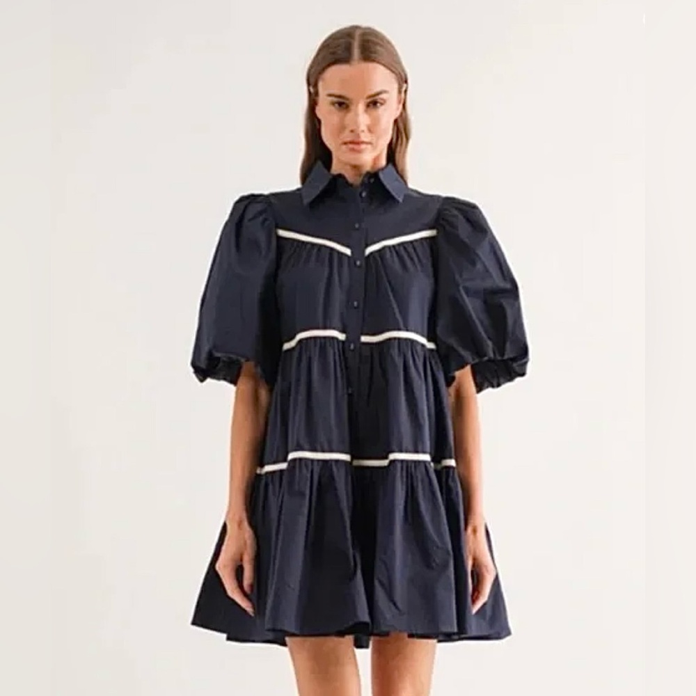 Sofie the Label Navy Tiered Puff Sleeve Dress - M